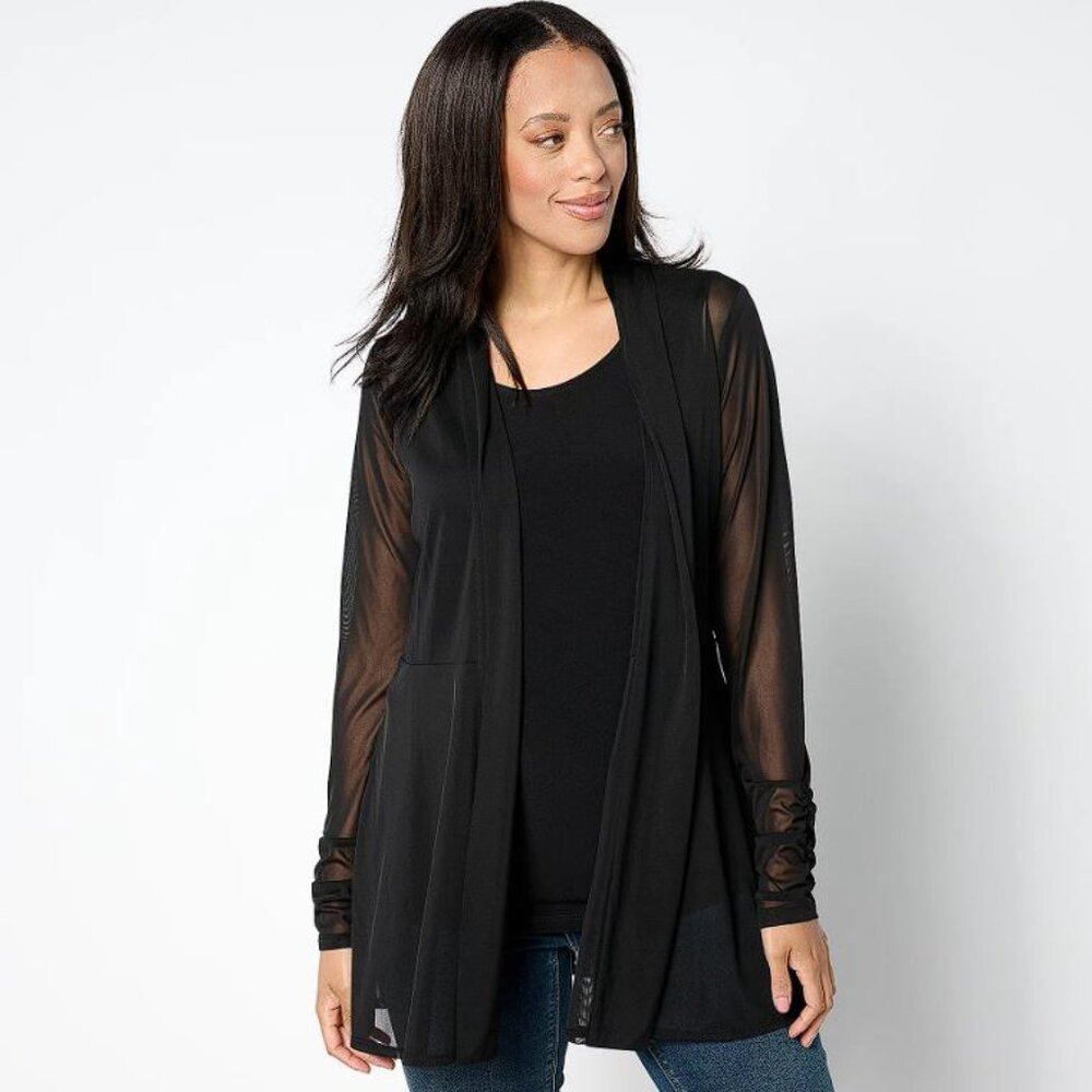 SUSAN GRAVER Women's Regular Mesh Cardigan & Liquid Knit Tank Set Size 1X Black